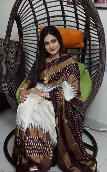 Pochampally-Ikkat-Silk-Cream-Chocolate-Sari-Weavesarees.com